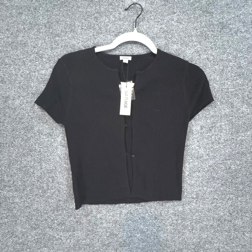 Garage Cropped Cardigan Sweater Women Medium Black Ribbed Knit Short Sleeve NEW